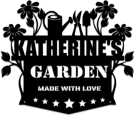 MeMate Garden Sign, Garden Signs for Outdoor Decor, Personalized Metal Signs Garden, Customized Name Wall Art, Large Sign for She Shed Vegetable Garden Porch Deck, Personalized Outdoor Plaques