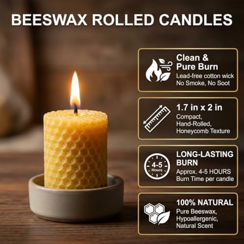 NITIME 20 Pack Beeswax Votive Candles, 100% Natural Hand-Rolled Beeswax Candles, 1.7" x 2" Small Pillar Candles for Home, Yoga, Meditation, Long-Lasting 4-5 Hour Burn Time, Eco-Friendly & Smokeless - Image 3