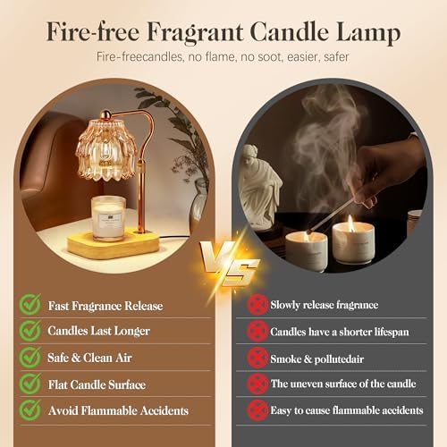 Candle Warmer Lamp with Timer Dimmer, Modern Wax Warmer for Scented Wax Jar Candle Warmer with 2 Bulbs, Adjustable Height Glass Lamp for Gifts for Women, Home Decor, Gold Amber - Image 3