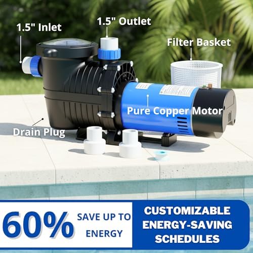 FOTING In/Above Ground Pool Pump, Self Primming Pool Pump High Flow 1.5" & 2" NPT Inlet Connectors, Dark Blue