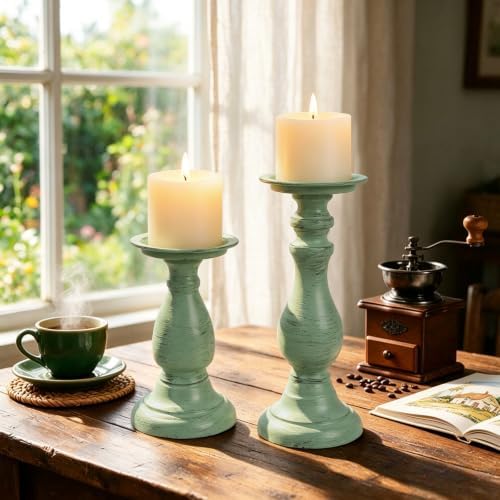 Vintage Metal Pillar Candle Holders Set of 2,Heavy Candle Stands Sage Green - Image 2