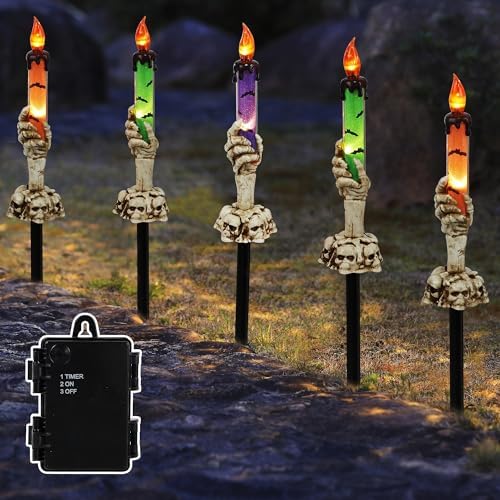 Halloween Decorations, 5 Pack Tabletop Candle Lights with Skeleton Ghost Hand, Waterproof Lighted Yard Stakes, Battery Operated for Light Up Halloween Indoor/Outdoor Garden Decor by LJLNION