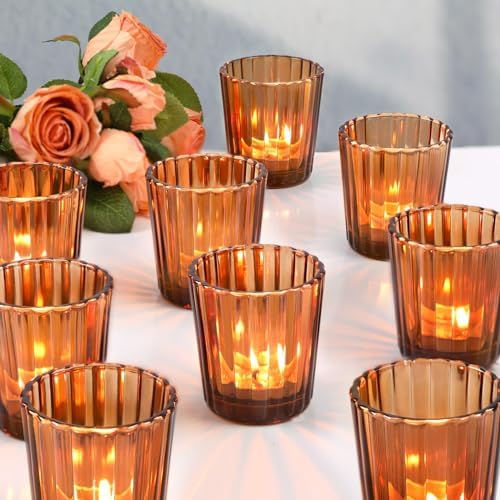 NITIME 24Pcs Vintage Ribbed Amber Votive Candle Holders, Fall Centerpieces for Tables, Tealight Candle Holder for Thanksgiving, Wedding Decor, Boho Home Decor and Christmas Decor by NITIME
