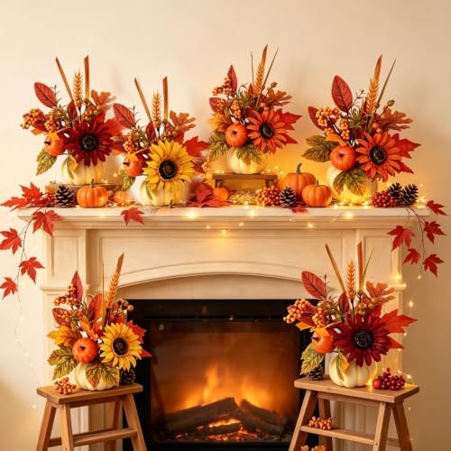 YLOLUL 6 Set Mini Fall Pumpkin with Artificial Flower Decorations Thanksgiving Sunflower Centerpieces for Tables Harvest Fall Table Floral Decor Autumn Fireplace Mantle Living Room Home Kitchen Party - Image 2