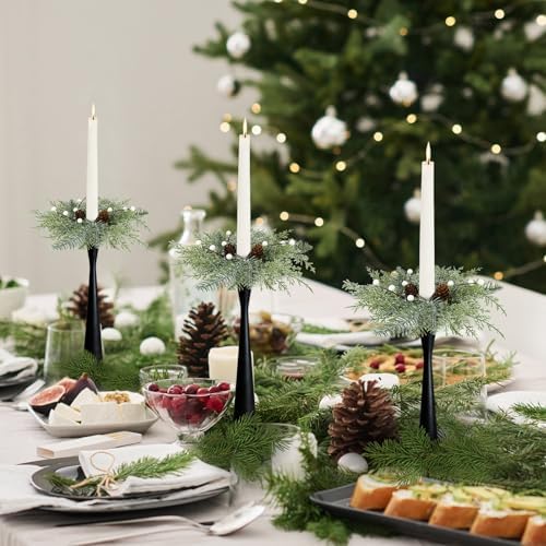 4 PCS Christmas Pine Taper Candle Rings Wreaths 1.38" Mini Norfolk Cedar Taper Candle Holder Wreaths Candle Rings with Berry Pinecones for Xmas Winter Church Home Table Centerpiece Candlesticks Decor - Image 3