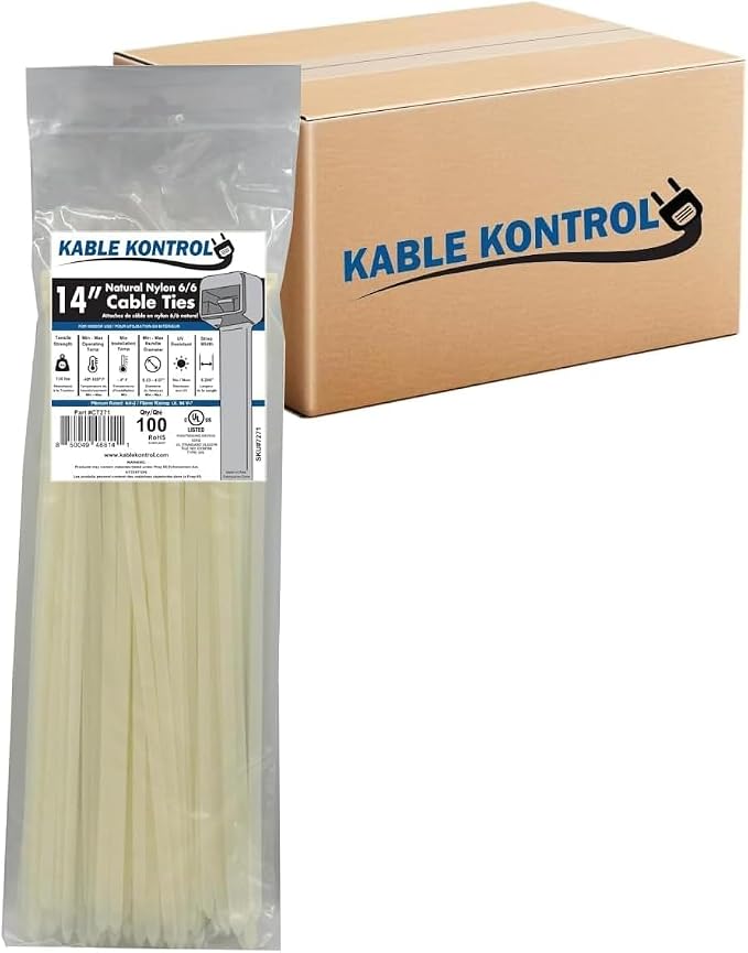 Kable Kontrol Cable Zip Ties Natural White 3,500 Pcs 14 Inch, 120 Lbs Tensile Strength, Bulk Pack, Self-locking Natural Nylon Clear Plastic Wire Ties wraps for Indoor or Outdoor Use