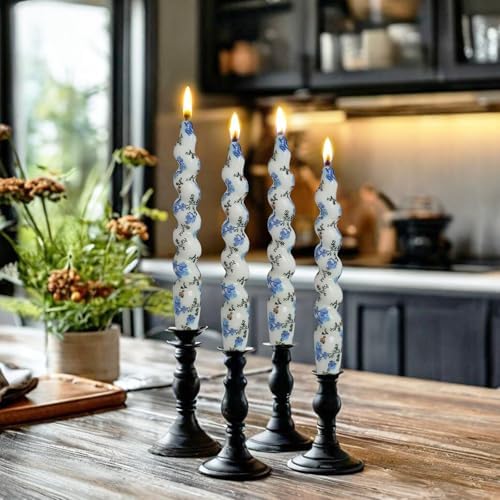 Spiral Print Taper Candles-Blue Floral Blend Pattern Unscented Candle 7.5Inch Flower Short Tapered Candlestick for Family Gatherings Weddings Restaurant Holiday Decorations Set of 4 - Image 4