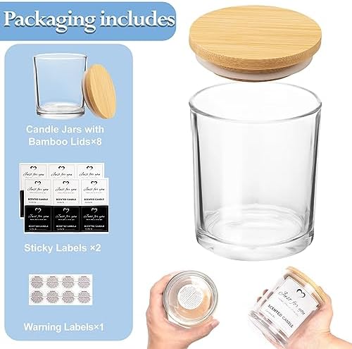 CONNOO 8 Pack 14 OZ Clear Glass Candle Jars with Bamboo Lids - Image 3