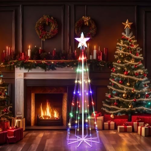 3 Pack LED Animated Outdoor Christmas Tree, 4' 5' 6' Multicolor Lightshow Lighted Cone Wire Tree with Topper Star, Christmas Outdoor Decorations Artificial Lighted Tree for Indoor Yard Patio - Image 7