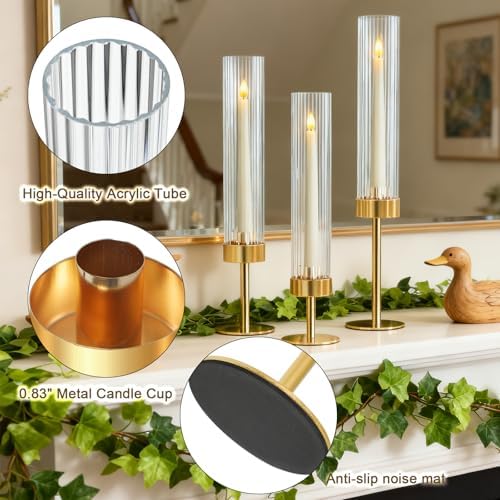 Metal & Acrylic Taper Candle Holders Set of 3 with Ribbed Design - Hurricane Clear Cylinder Candelabra for Wedding, Christmas, Party, Dining Table Centerpiece Decor (Gold, Set of 3) - Image 3