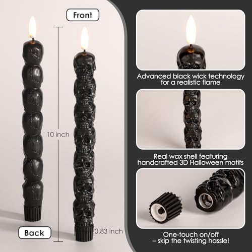 Black Skull Halloween Flameless Taper Candles with Remote Set of 4 - Image 2
