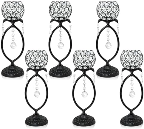 6 Pcs Black Elegant Metal Crystal Tea Light Candle Holders with Crystal Pendants, Hollow Design - Wedding Table Centerpieces for Anniversary Birthday Party, Home Decor by kehail