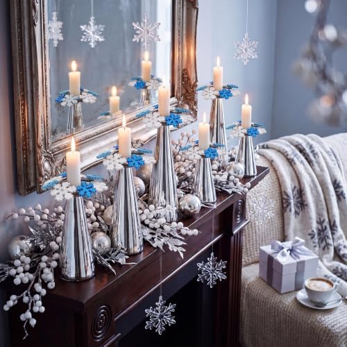 Daifunli 2 Pcs Winter Blue Snowflake Candle Rings Snowflake Wreath Glitter Vintage Wood Wreaths for Taper 1.25 Inch Candles Holder for Winter Christmas Rustic Table Centerpiece Decor - Image 5