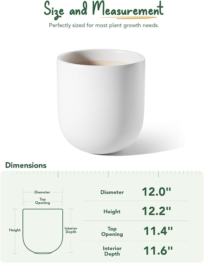 LE TAUCI 12 Inch Pots for Plants, Ceramic Large Planters for Indoor Plants, Indoor Plant Pots for Home Garden Patio Office, Planter Pots with Drainage Hole and Rubber Plug, White