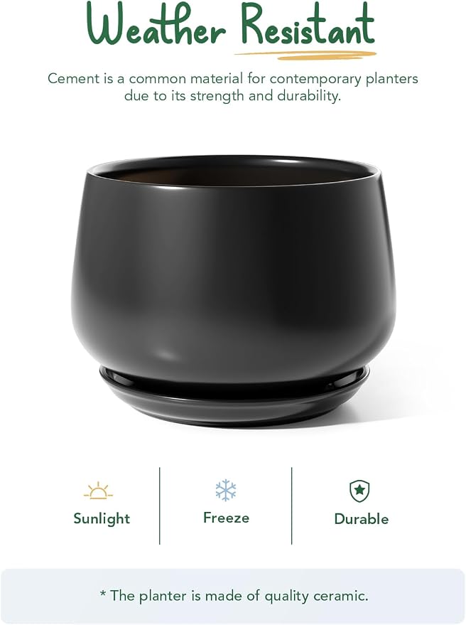 LE TAUCI Ceramic Planters, 12 Inch Pots for Plants, Indoor Plant Pots with Drainage Holes and Saucers, Modern Planters Fit Mid Century Plant Stand, Flower Pots for Indoor Plants, Black