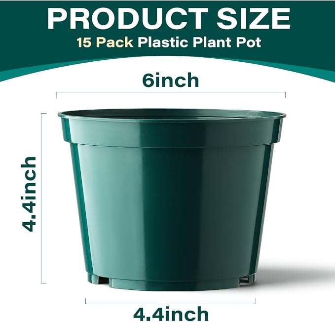 BTPLASTIK 15 Pack 6 Inch Plant Pots with Drainage Holes, Sturdy Plastic Nursery Pots for Plants, Thickened Flower Pots for Indoor Outdoor Planting Transplanting, Succulents, Seedlings, Green