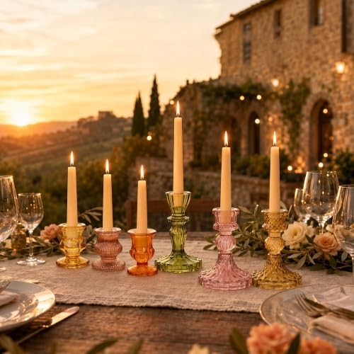 Colored Taper Candle Holders for Candlesticks, 6 Colors 6 Patterns Vintage Glass Candlestick Holders Set Fall Decor, for Wedding Table Centerpiece, Thanksgiving (24, Fall Mixed Color) - Image 7
