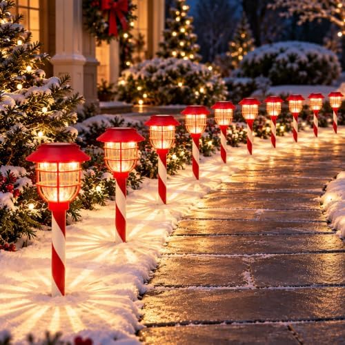 10 Pack Solar Pathway Lights Outdoor Candy Cane Christmas Decoration, Red by Springwind