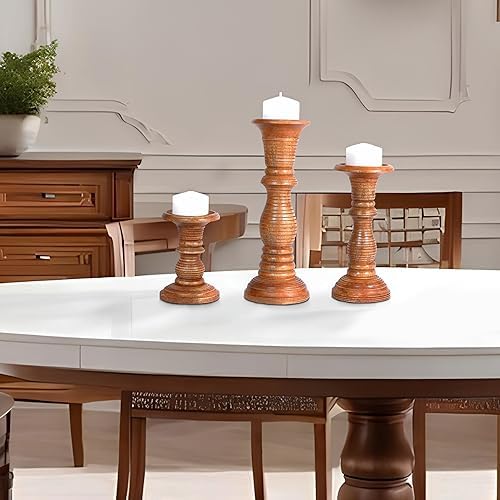 Mela Artisans Jharana II Wood Candle Holders - Medium Polish, Set of 3 - Image 6