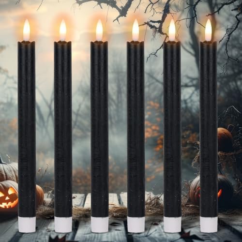 Halloween Flameless Taper Candles with 6 Hour Timer, Battery Operated Black LED Taper Candles Real Wax 3D Wick Flickering Halloween Dinner Table Decor Lights(6 Pack, 0.78” x 9.64”) by DRomance
