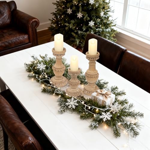 Farmhouse Wooden Candle Holders for Pillar Candles, Set of 3 Vintage Wooden Beaded Candle Holder, Tall Candle Stand Decorative for Living Room, Table Centerpiece (Natural) - Image 5