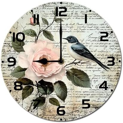 Love Birds Roses Flowers Wooden Silent Non-Ticking 10 Inch Round Clocks Battery Operated Analog for Living Room Kitchen Bedroom Bathroom Office Home School Decor