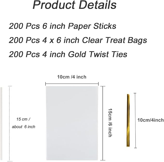 COOLAKE 600 PCS Cake Pop Sticks and Wrappers Kit, Including 200 Pcs 6 inch Paper Lollipop Sticks, 200 Pcs Clear Treat Bags Twist Ties for Cakepop, Lollipop, Hard Candy, Suckers, Chocolate