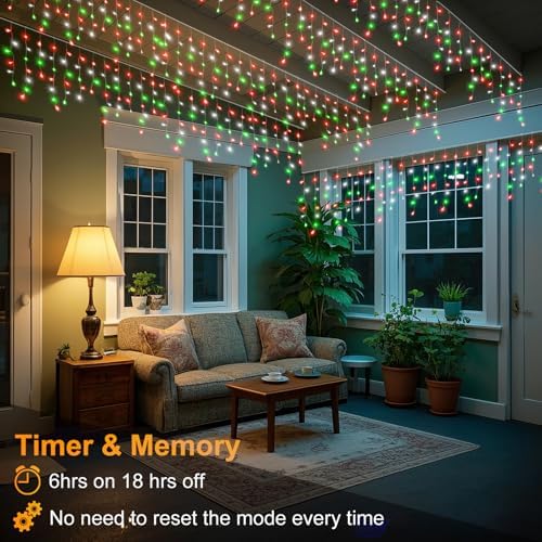 66ft Icicle Lights for Outside, Red White and Green Christmas Lights Outdoor Indoor, 640 LED Twinkle String Light with 120 Drops, Clear Wire Connectable Timer for Thanksgiving Room Home Wall Bedroom - Image 4