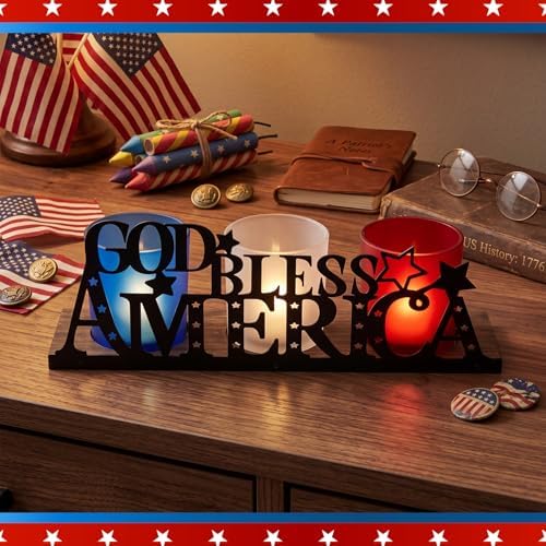 Patriotic Candlestick with 3 Glass Votives and 1 Wooden Tray by Ferrochef