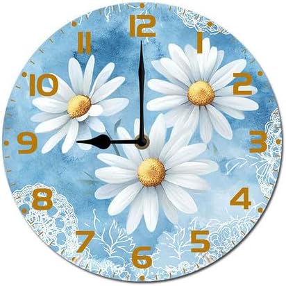 Chamomile Flowers Daisies Wooden Silent Non-Ticking 10 Inch Round Clocks Battery Operated Analog for Living Room Kitchen Bedroom Bathroom Office Home School Decor