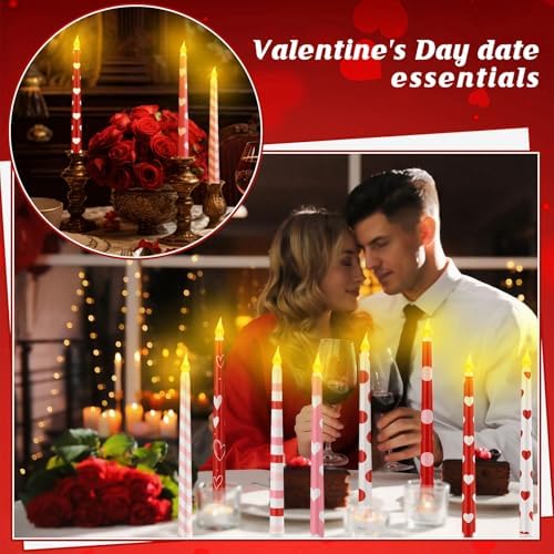 Lounsweer 8 Pcs Valentines Day Flameless Taper Candles 10 Inch LED Valentines Day Flameless Candle Pink Red and White Heart Battery Operated Long Unscented Candlesticks for Anniversary Party Table - Image 2
