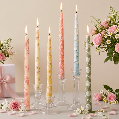 Conelist 6pcs Colorful Floral Taper Candle 9.8" Flower Tapered Candlestick by Conelist