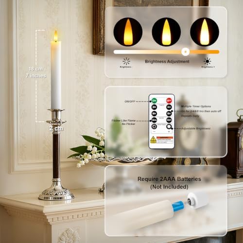 7 Inches Flameless Taper Candles with Remote Timer, Real Wax White Short Led Candlesticks, 3D Wick Light Battery Operated Candlesticks for Christmas Home Wedding Table Decor, 12 Pcs - Image 3