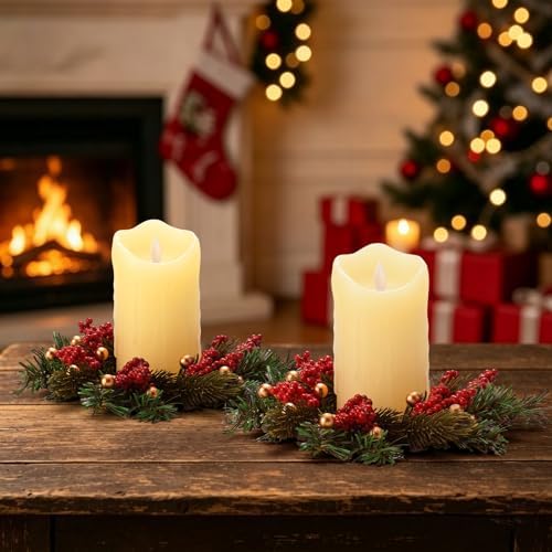Daifunli 2 Pcs Christmas Gold Ball Red Berry Pine Needle Candle Ring Artificial Berry Bell Wreaths for Pillar 3.25 Inch Candles Holder for Winter Christmas Country Wedding Table Centerpiece Decor - Image 3