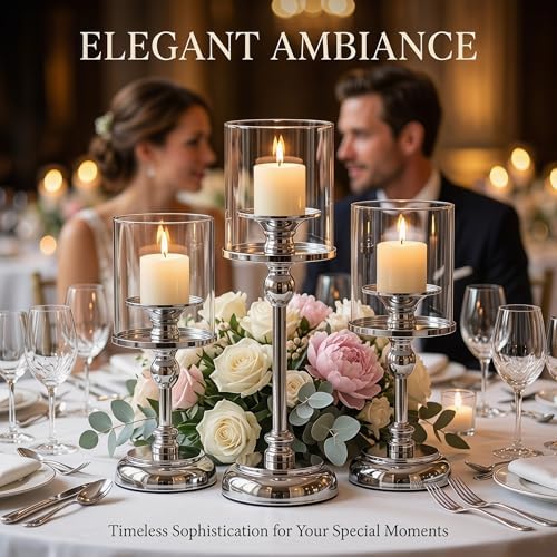 3PCS Sliver Hurricane Candle Holders, Glass Hurricane Candlestick Holders for Pillar Candles, Tall Metal Candle Holders with Removable Glass Shade for Wedding Centerpieces, Dining Table Decor - Image 5