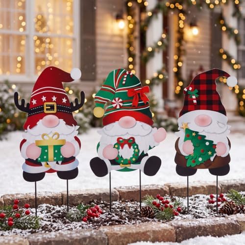 3 Pcs Christmas Garden Decor for Outside,Metal Holiday Gnome Stakes by LEIFIDE