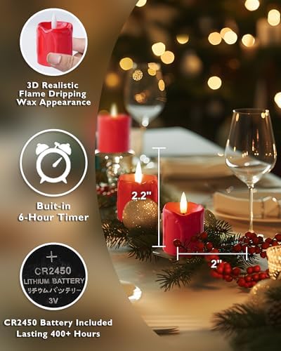 Homemory 2"x 2" Red 6 Hour Timer Flameless Votive Candles, 6 Pack - Image 3