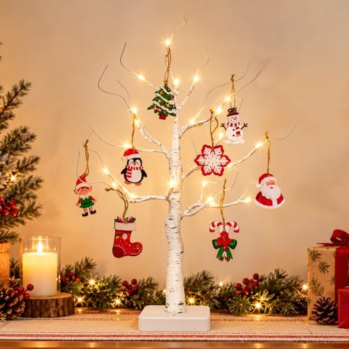 Lighted Birch Tree with Christmas Ornaments 22 Inch Battery Timer by PEIDUO