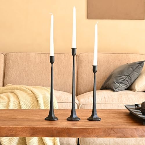 Set of 3 Candle Stick Holders,Iron Black Candlestick Holders, Fits 3/4 inch Thick Candles, Tapered Candle Holders Tall Set for Dining Table, Wedding, Home Decoration by WOLAOJA