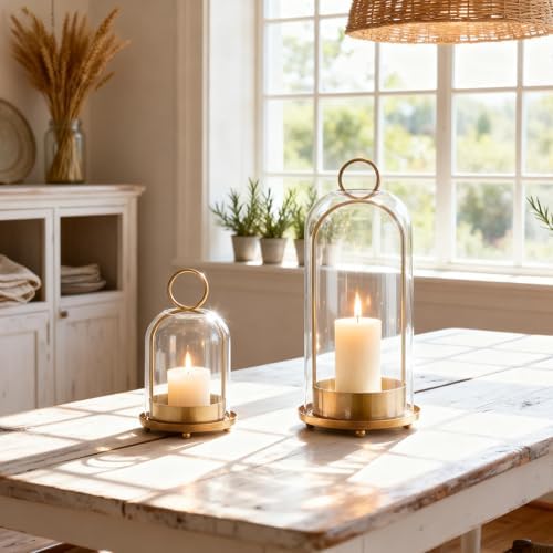 Hurricane Glass Candle Holders for Pillar Candles Set of 2 (5" & 4" Wide), Gold Metal Candlestick Holders, Modern Decorative Centerpiece Lanterns for Table Mantel Wedding Housewarming Gift - Image 3