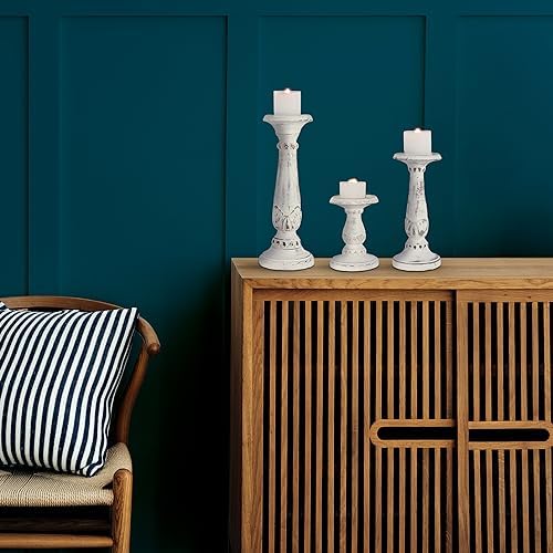 Mela Artisans Pakshi Wood Candle Holders - Distressed White, Set of 3 - Image 5