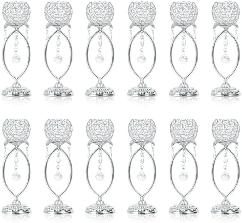 12 Pcs Silver Elegant Metal Crystal Tea Light Candle Holders by kehail
