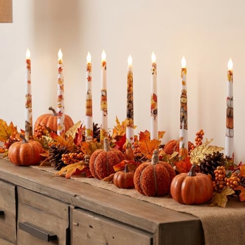 Lounsweer 8 Pcs Fall Flameless Taper Candles LED Candles 10'' Wick Flickering Electric Tall Flameless Candlesticks Battery Operated for Thanksgiving Fall Autumn Home Party Decor - Image 6