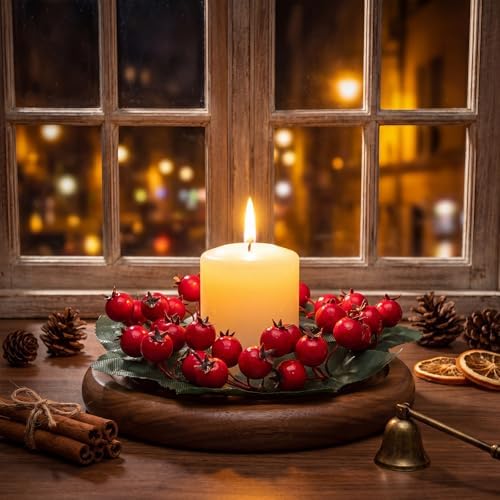 Daifunli 2 Pcs Christmas Red Berry with Leaf Candle Ring Artificial Berry Bell Wreaths for Pillar 3.25 Inch Candles Holder for Winter Christmas Country Wedding Kitchen Table Centerpiece Decor - Image 5