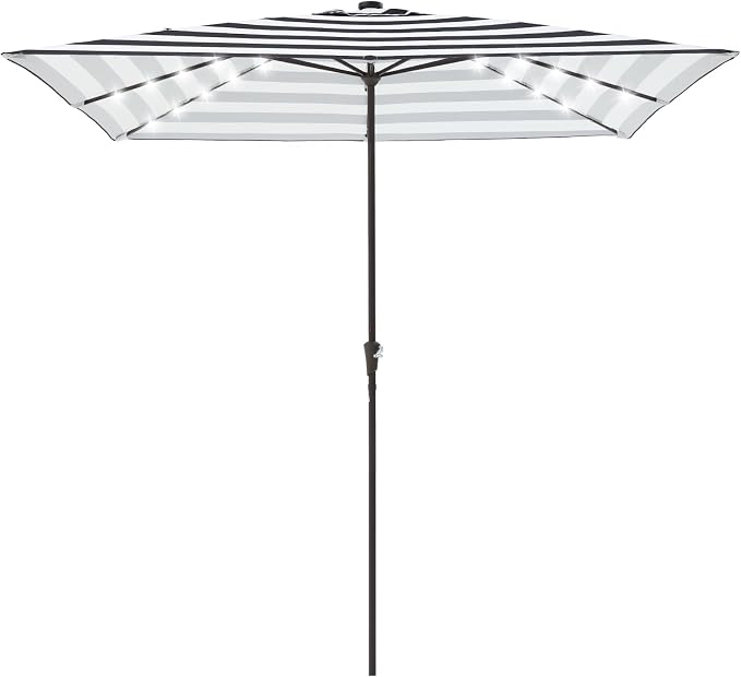 JEAREY 8x10 ft Rectangular LED Lighted Patio Umbrellas Outdoor Solar Table Market Umbrella w/Crank, 8 Sturdy Ribs, UV Protection Waterproof Sunproof(Black-White Stripe)