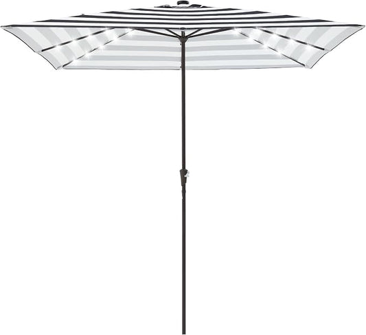 JEAREY 8x10 ft Rectangular LED Lighted Patio Umbrellas Outdoor Solar Table Market Umbrella w/Crank, 8 Sturdy Ribs, UV Protection Waterproof Sunproof(Black-White Stripe)