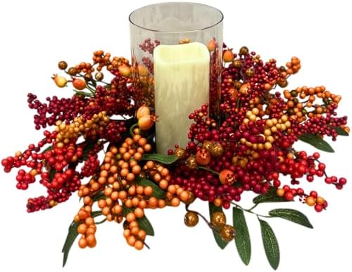 15" Fall Berry Candle Ring Centerpiece with Glass Hurricane Holder by Unknown