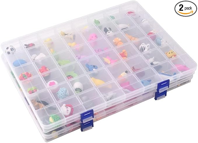 2 Pack Fixed 48 Grids Clear Plastic Divider Storage Box, Transparent Organizer Container Case for Bead, Button, Jewelry, Diamond, Craft, Small Parts, Sewing Kit，DIY Accessories