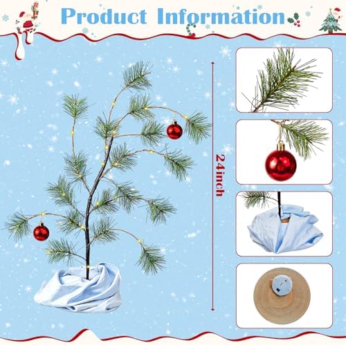 24" Tabletop Christmas Tree with Red Glossy Ball, Wooden Stand Mini Christmas Bent Tree with Blue Blanket Holiday Décor,Holiday Memories Decorations Gift - Image 2