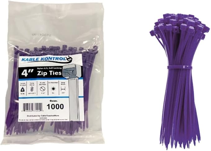 Kable Kontrol Purple Zip Ties 4 Inch 1000 Pcs, 18 Lbs Tensile Strength, Self-locking Nylon Colored Cable Ties Wire Wraps for Indoor or Outdoor Use